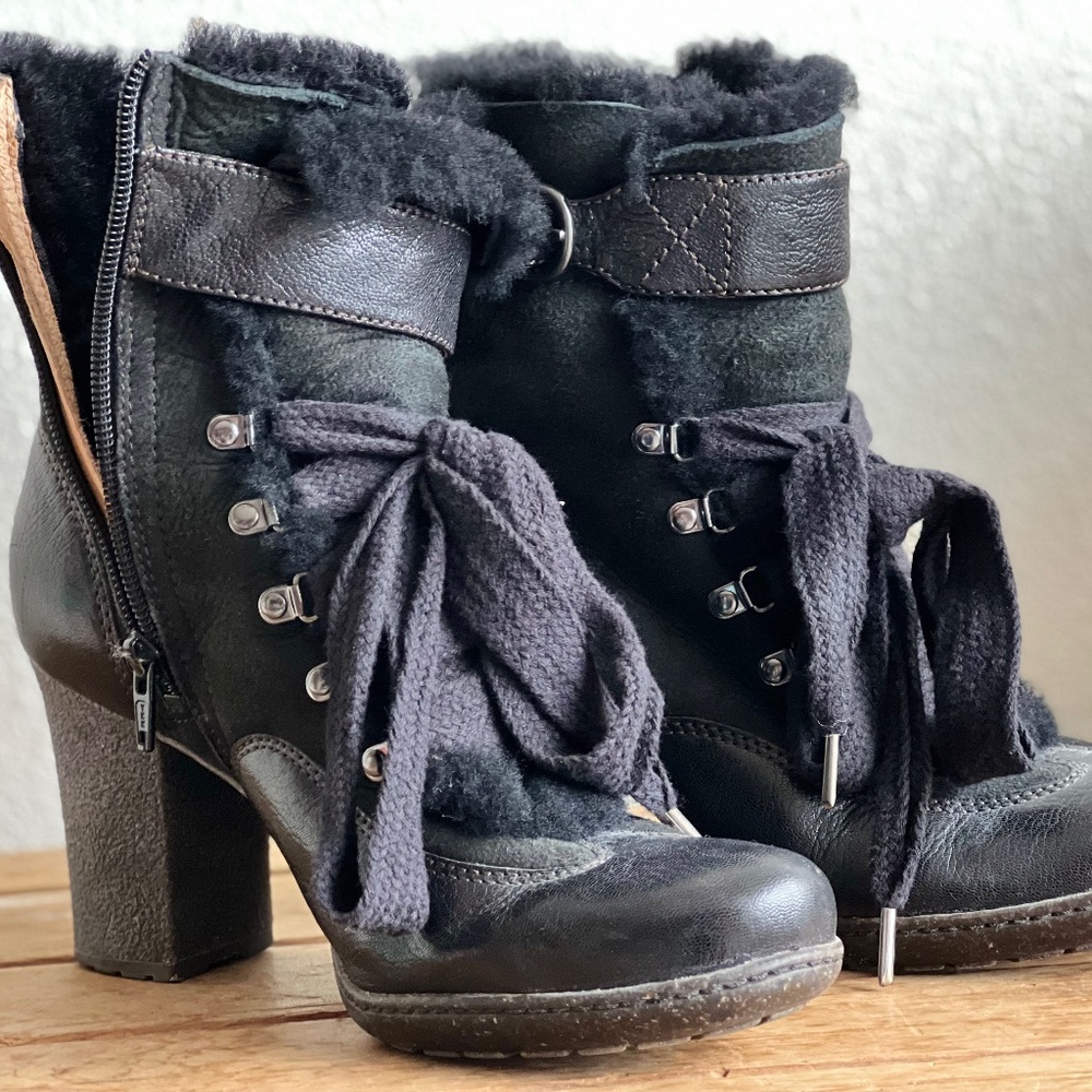 Naya Nefertiti Lace Up Leather & Real Fur Buckle Heeled Combat Boot
